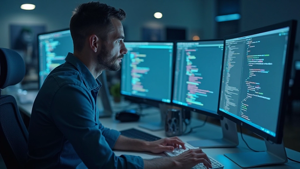 Designer werkt aan responsive website design op computermonitor met telefoon ernaast, ontwikkelingstools zichtbaar