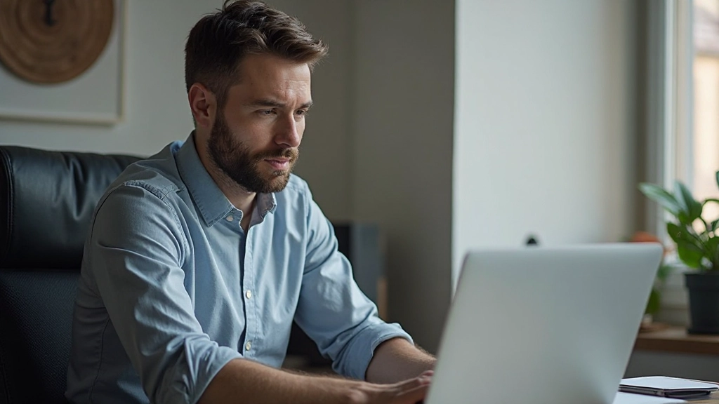 Professional foto van realistische man, gekleed in casual kantoorkleding, werkend op laptop, zittend aan bureau, concentratie gezicht, moderne werkplek, zachte verlichting, portret van borst omhoog, geen tekst