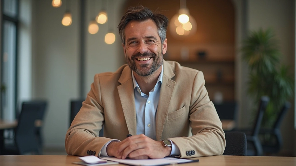 Realistische man halvebovenlichaam, beige blazer, zittend aan vergadertafel met notitieblok, tevreden glimlach, moderne kantooromgeving, warm licht