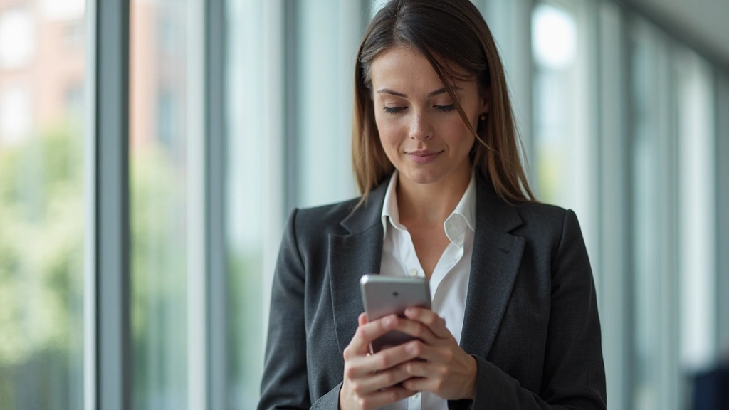 Zakenvrouw kijkt naar smartphonescherm met concentratie, heldere kantoorverlichting op de achtergrond