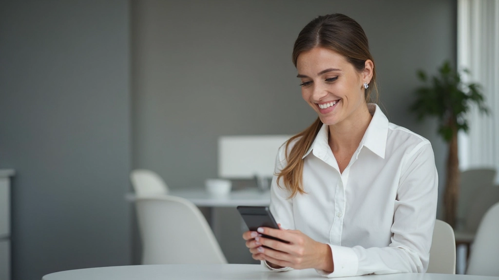Realistische vrouw, halvebovenlichaam, witte blouse, zittend met smartphone, glimlachend naar scherm, moderne kantooromgeving met grijze achtergrond, natuurlijk daglicht