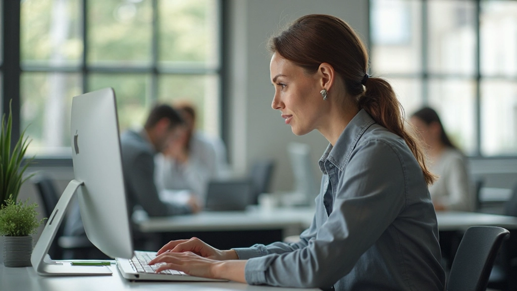 Professional foto van realistische vrouw met bril, werkend aan bureau met computer, kantoor setting, natuurlijk licht, vervagde achtergrond, geen tekst